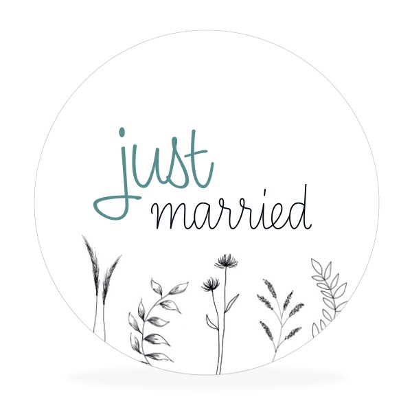 Aufkleber "just married", minimalistisch floral, Sticker für Hochzeit, Taufe, Konfirmation, Feier