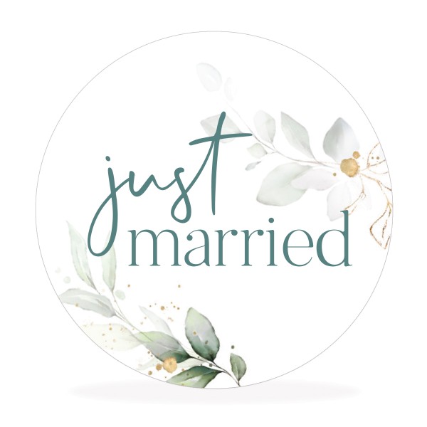 Aufkleber "just married", Eukalyptus, floral, Sticker für Hochzeit, Taufe, Konfirmation, Feier
