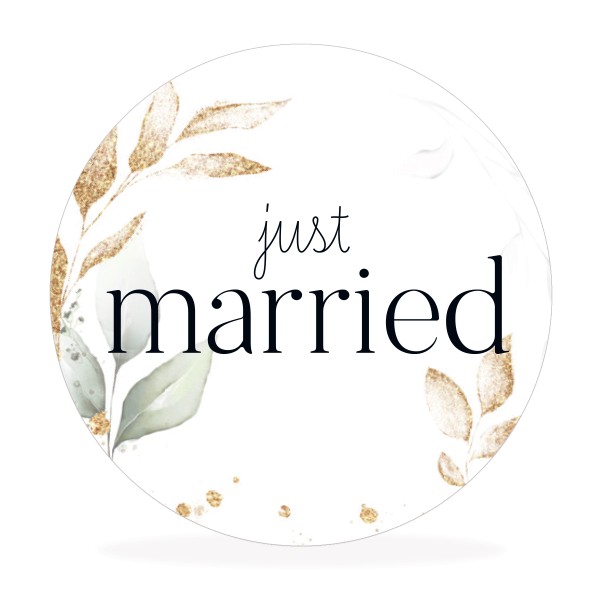 Aufkleber "just married", Eukalyptus, gold, floral, Sticker für Hochzeit, Taufe, Konfirmation, Feier
